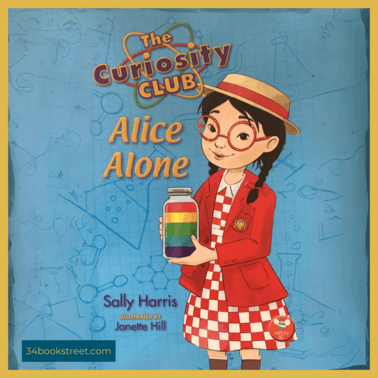 Illustrated cover of Alice Alone showing Alice in red glasses holding a rainbow jar – children’s fiction review.
