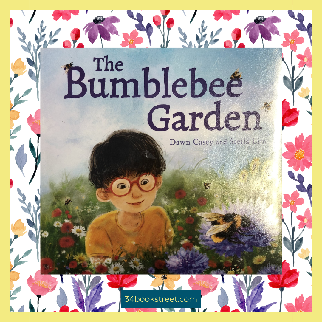 A colorful children's book cover featuring a bumblebee surrounded by flowers and plants.