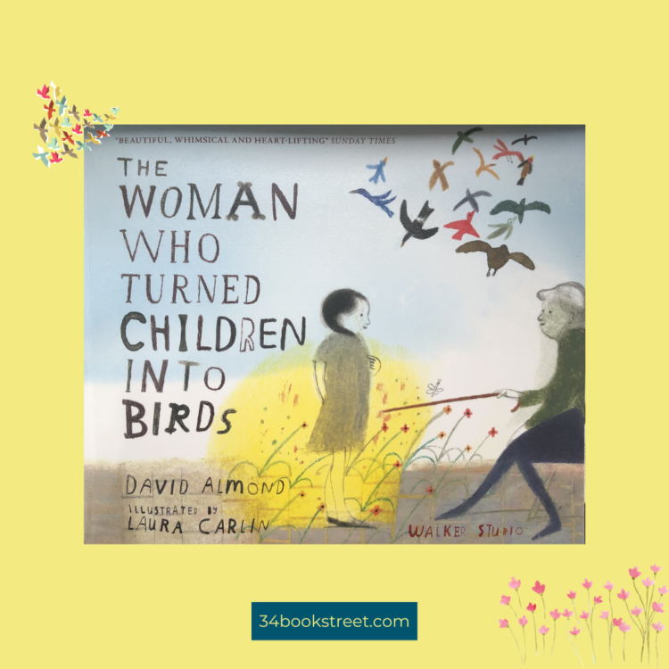 A woman surrounded by children, transforming them into colorful birds in a whimsical scene from a picture book review.