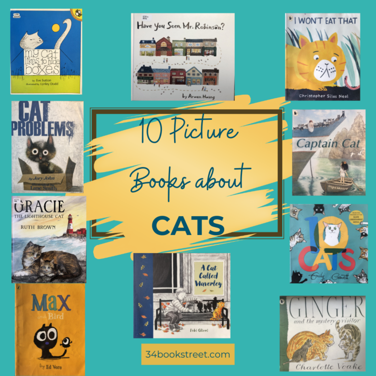 Cat picture books for kids ages 3–8 featured in this EYFS and KS1 book list.