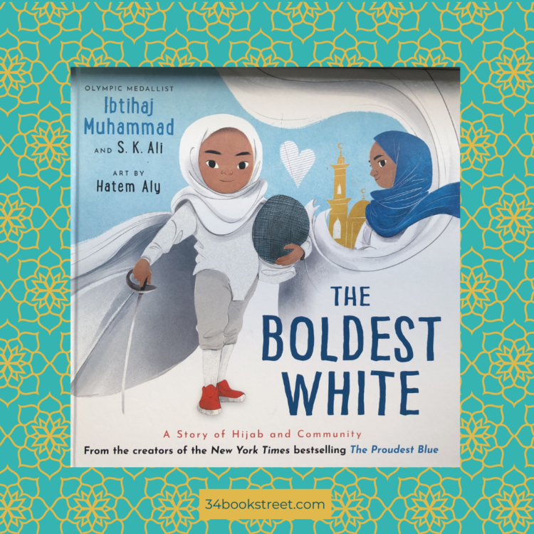 Cover of the picture book The Boldest White, showing a young Muslim girl wearing a hijab, featured in a KS2 picture book review exploring identity and determination.